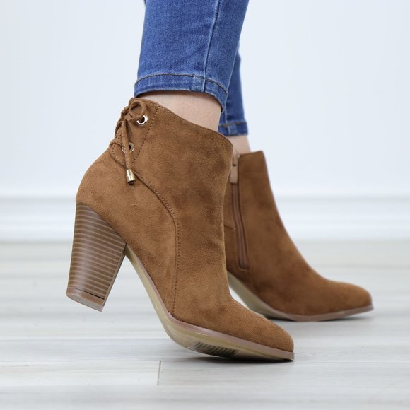 Shoes - Brown Faux Suede Pointed Toe Low Heel Ankle Boots Back Laces Booties